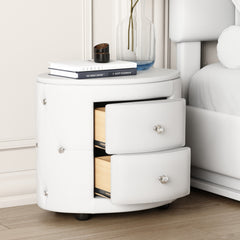 Elegant PU Nightstand with 2 Drawers and Crystal Handle, Fully Assembled Except Legs & Handles, Storage Bedside Table - White