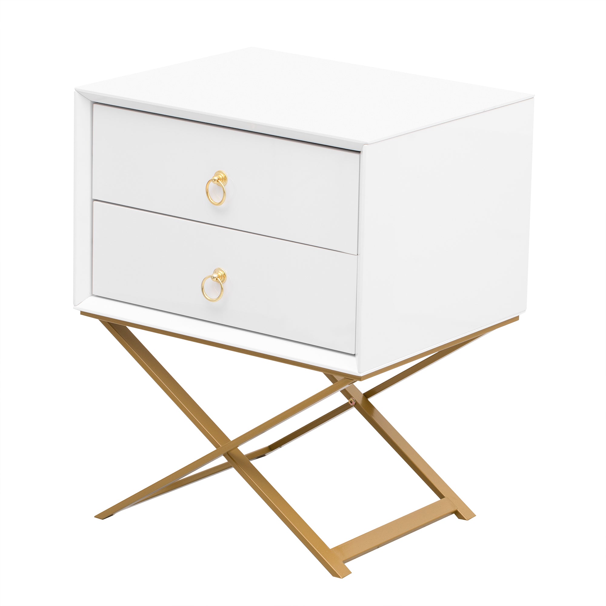 Nightstand with 2 Drawers & Golden Handle，Storage Bedside Table - White