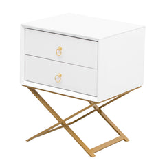 Nightstand with 2 Drawers & Golden Handle，Storage Bedside Table - White