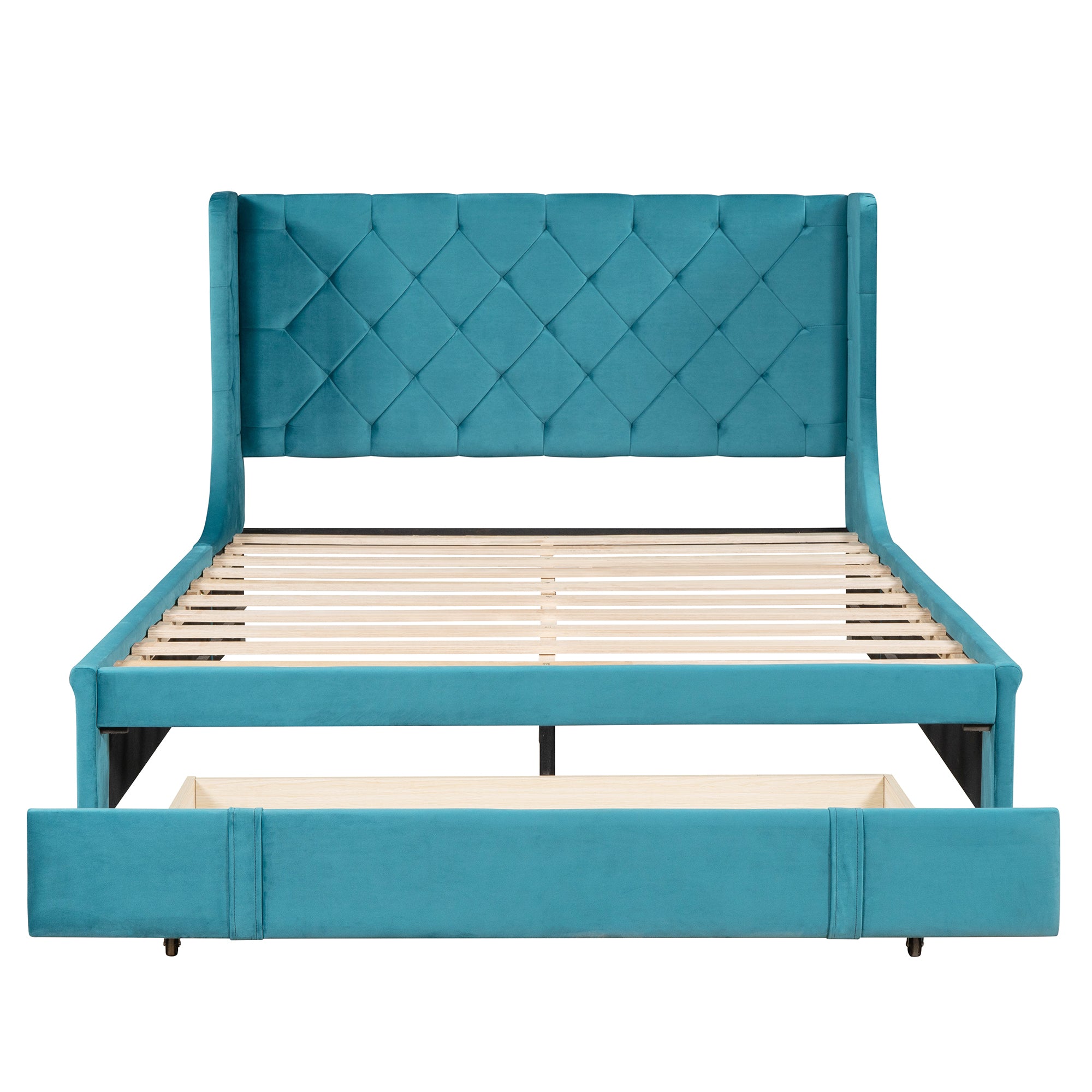 Queen Size Storage Bed Velvet Upholstered Platform Bed with Wingback Headboard and a Big Drawer - Blue