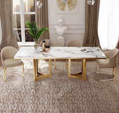 Modern Marble Dining Table with Rectangular Tabletop Gold Stainless Legs (chairs not included) - White