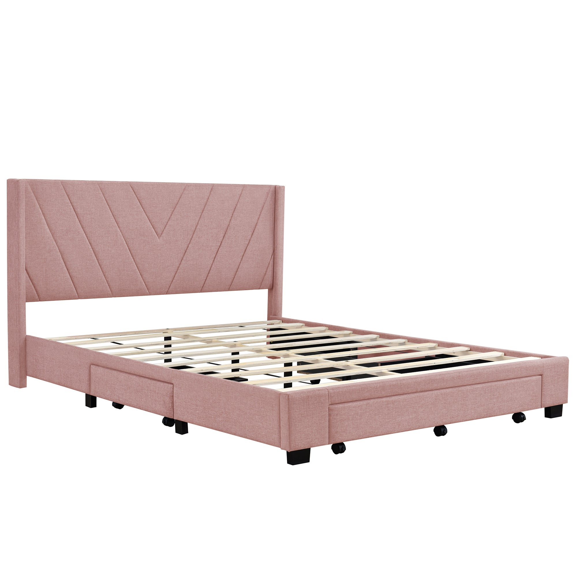 Queen Size Storage Bed Linen Upholstered Platform Bed with 3 Drawers - Pink