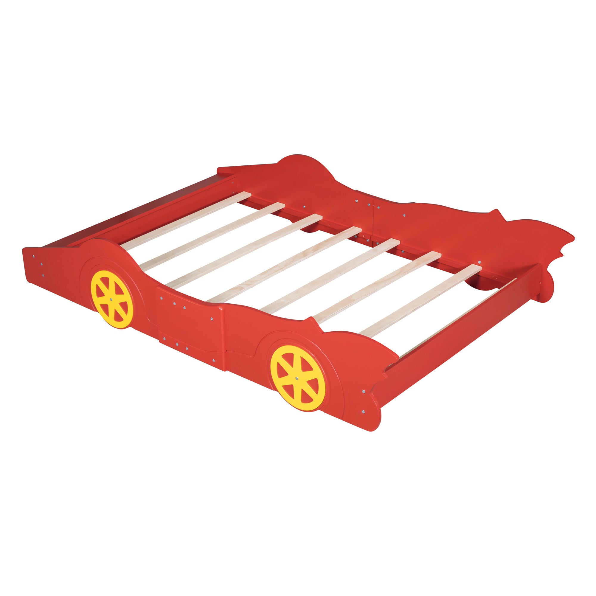Full Size Race Car-Shaped Platform Bed with Wheels - Red