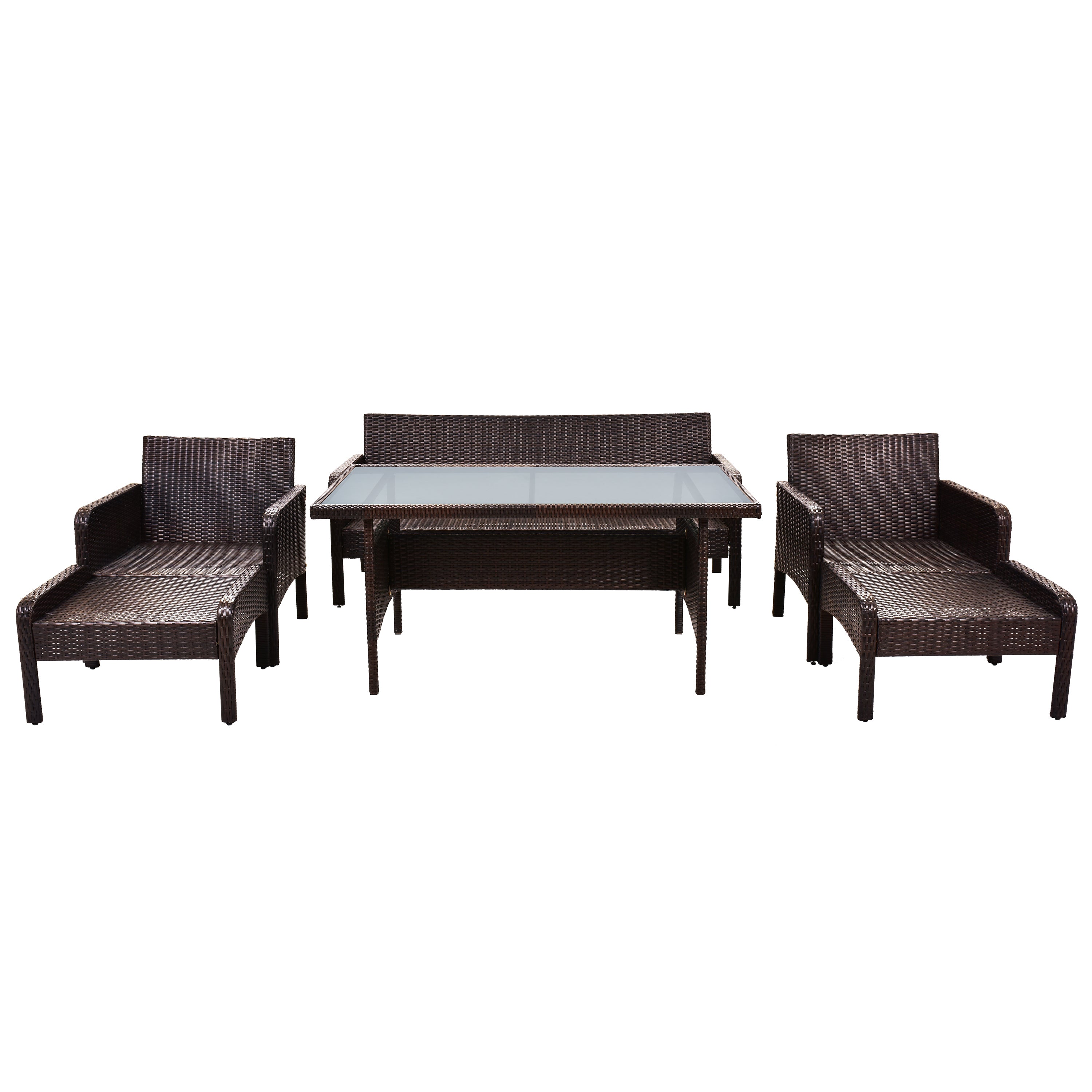 6-Piece Outdoor Patio Rattan Sofa Set with Removable Cushions and Glass Tea Table - Brown Wicker+Blue Cushion