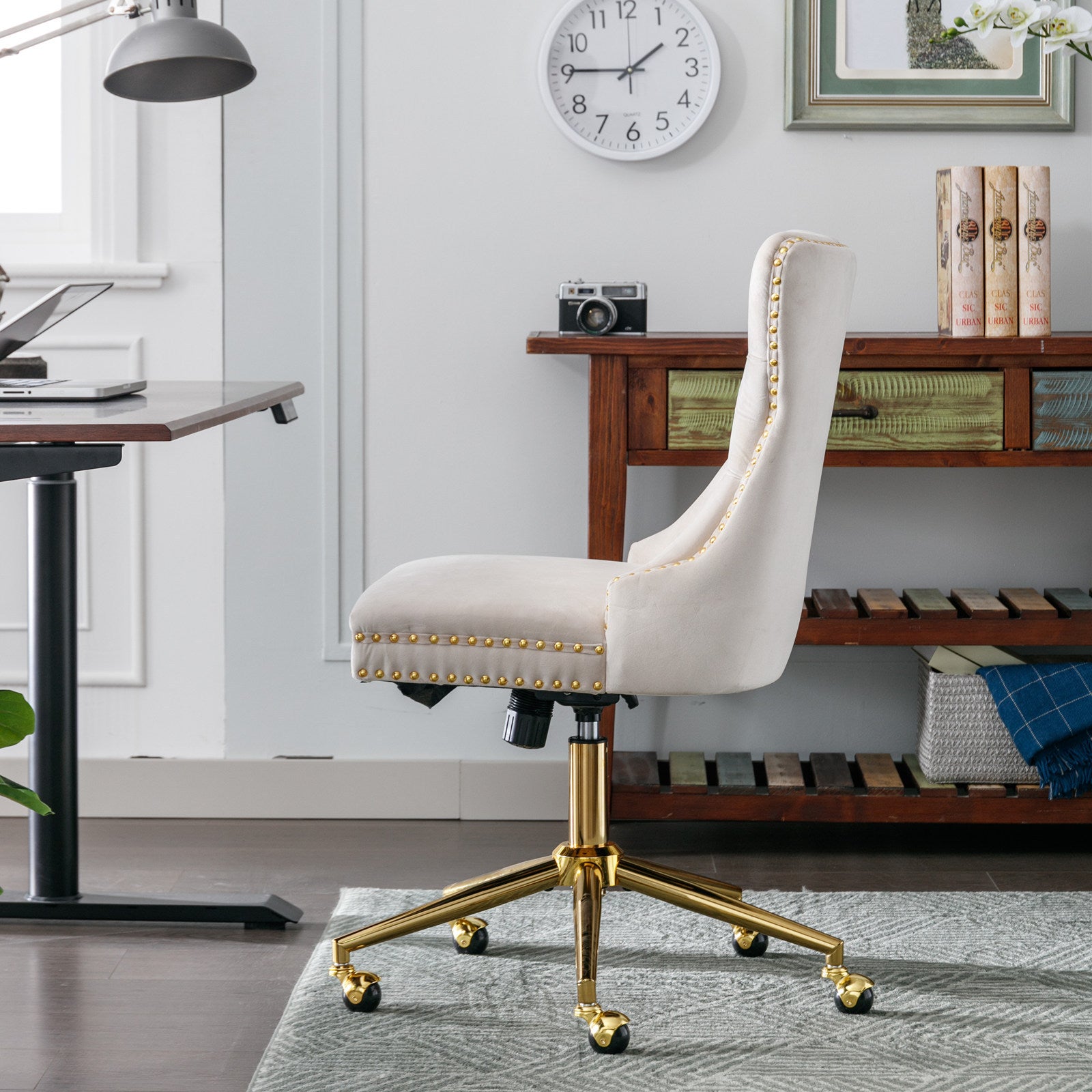 Velvet Upholstered Tufted Button Home Office Chair with Golden Metal Base - Beige