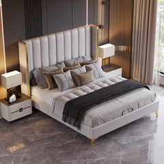 King Size Bed Frame, 56" Tall Headboard Channel Tufted Upholstered - Light Grey