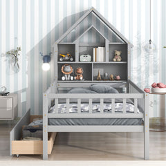 Twin Size DollHouse-Shaped Headboard with Fence Guardrails and Trundle - Gray