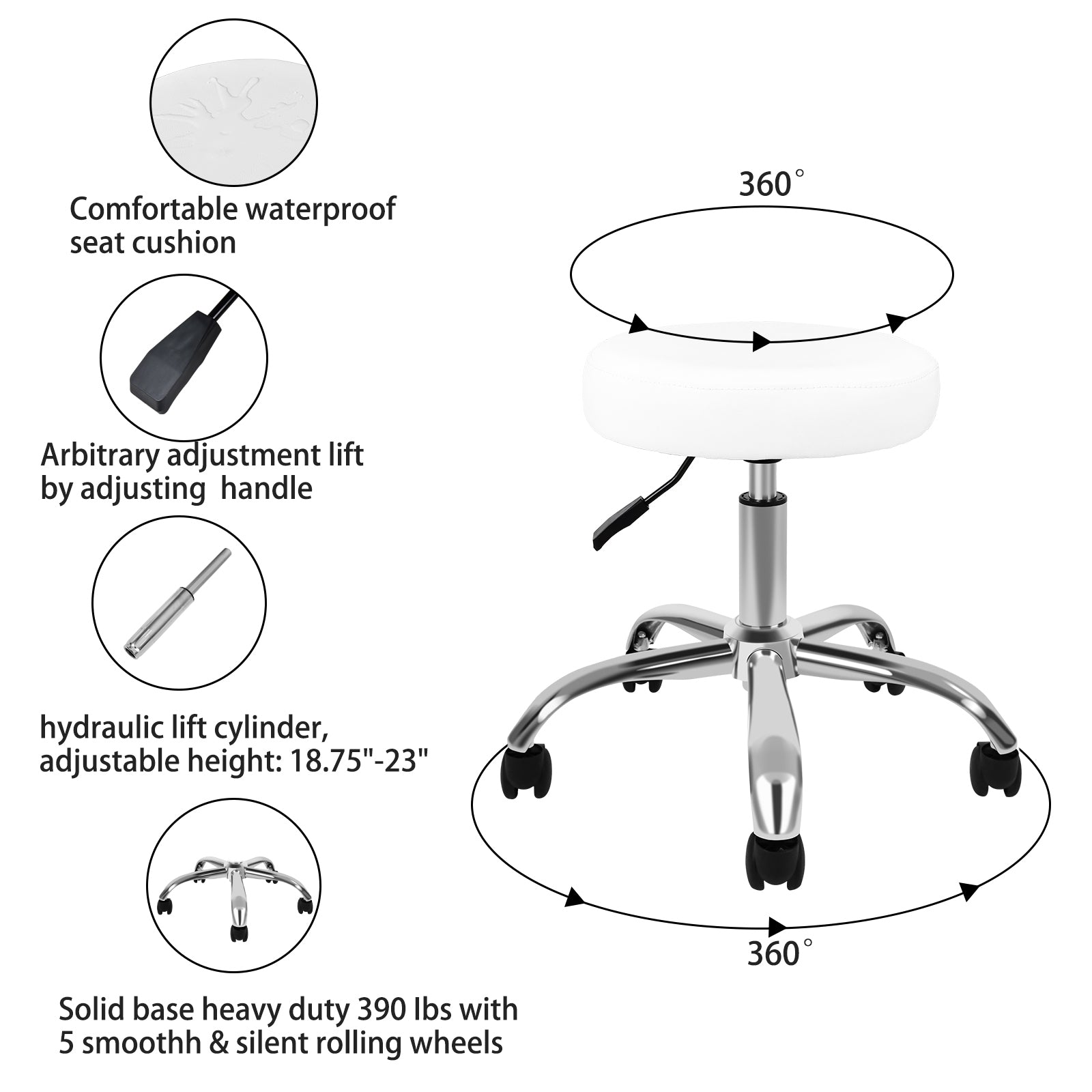 Round Stool Chair with Wheels Height Adjustable - White