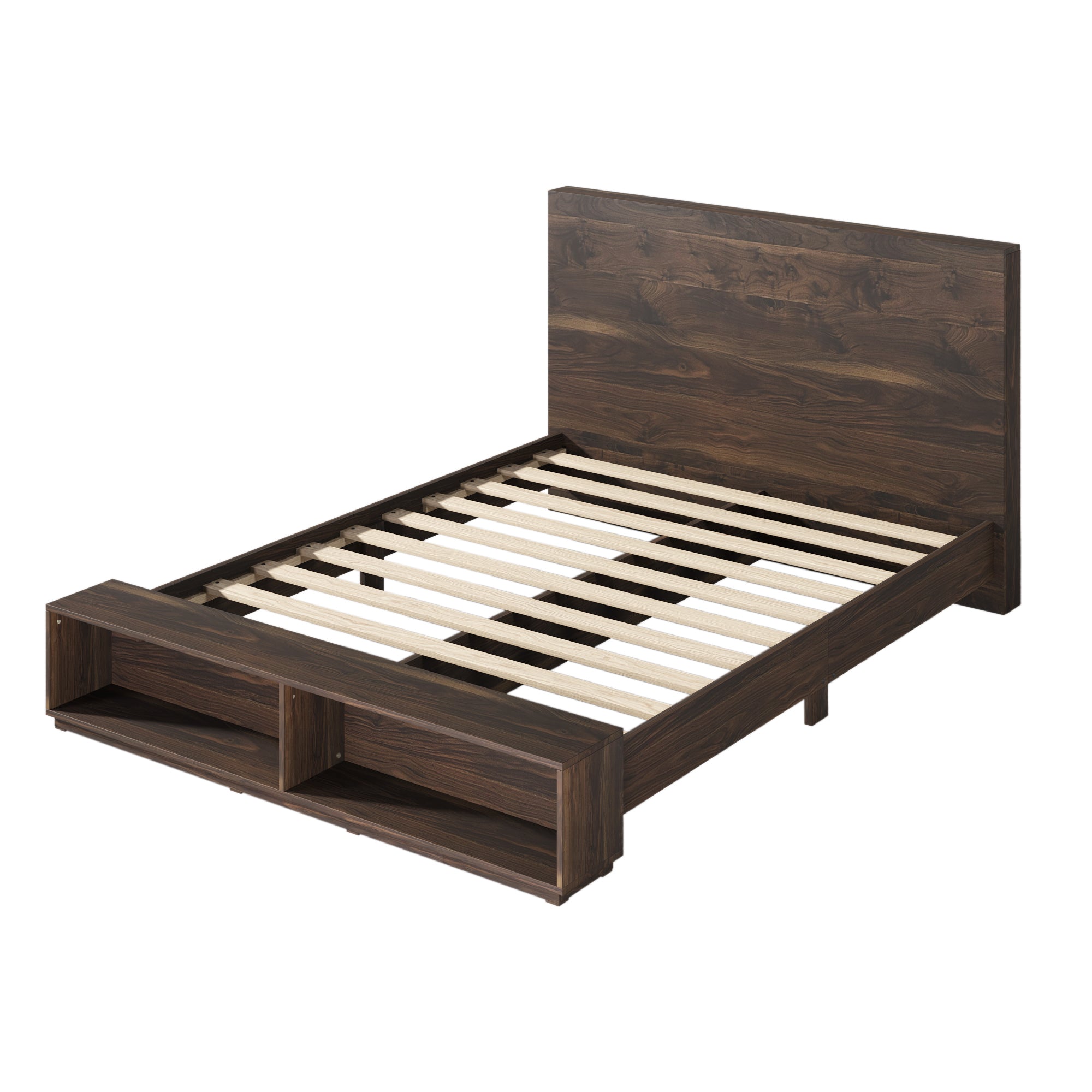 King Size Wood Platform Bed with Storage Bench - Walnut