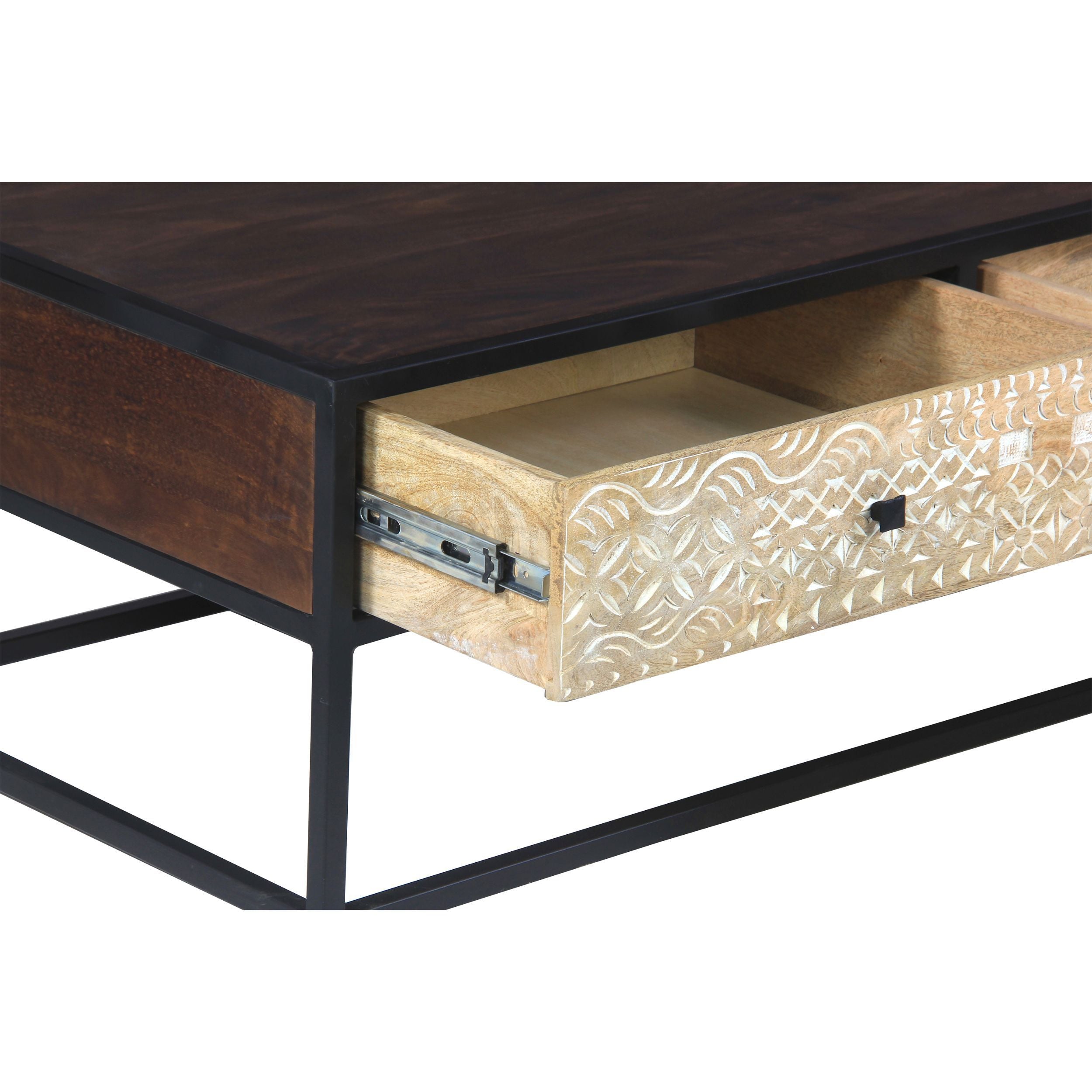 45 Inch Carson Rectangular Mango Wood Coffee Table with Metal Frame and 2 Drawers - Brown and Black