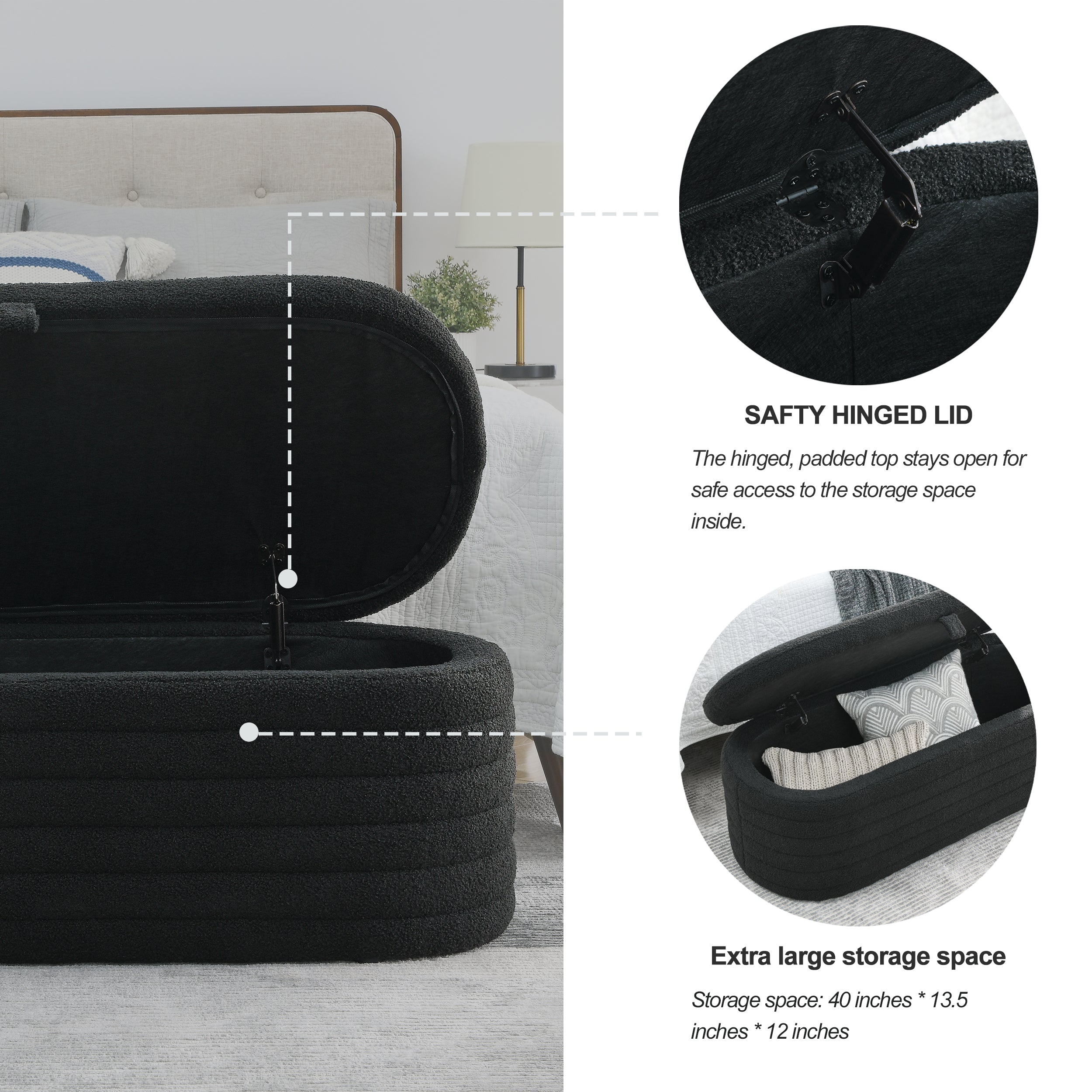 Storage Ottoman Bench Upholstered Fabric Storage - Black teddy