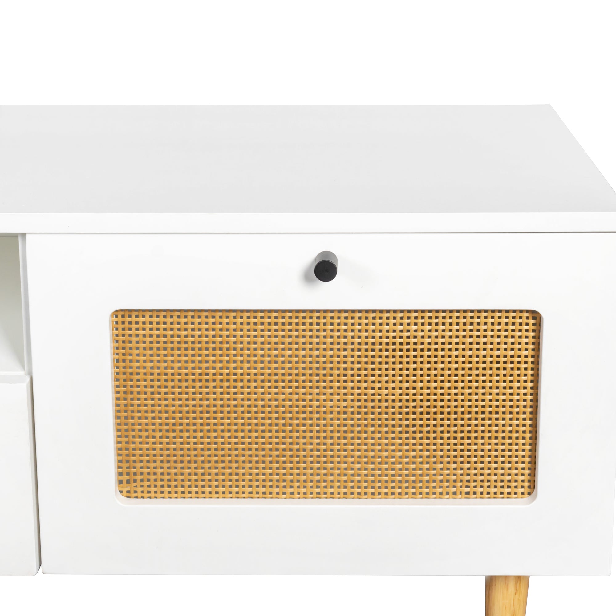 Farmhouse Rattan TV Stand Modern Wood with 2 Doors and 2 Open Shelves - White