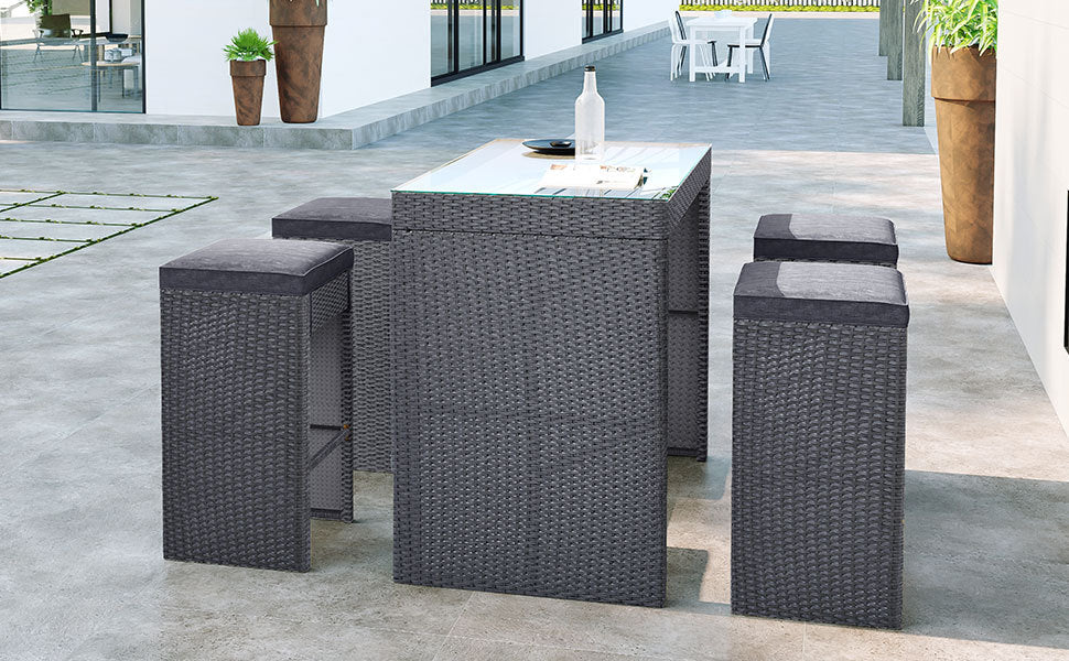 5-piece Rattan Outdoor Patio Furniture Set Bar Dining Table Set with 4 Stools - Gray Cushion + Gray Wicker