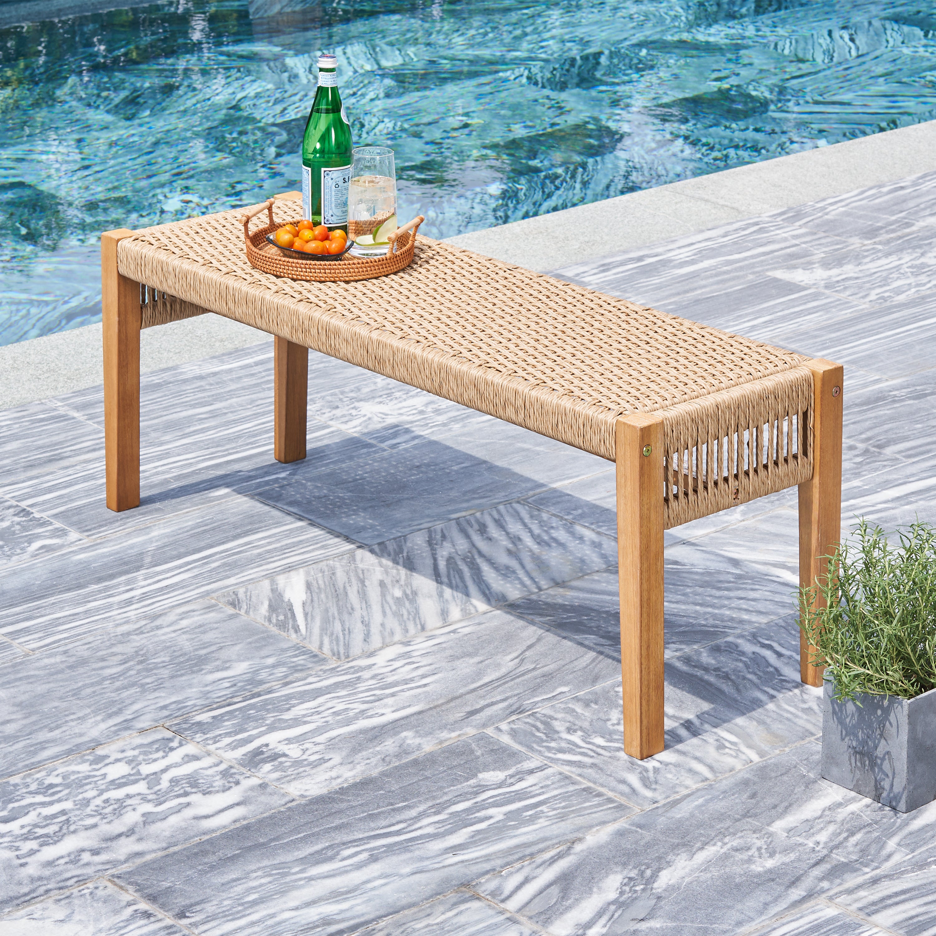 Chesapeake Honey 2 Seater Patio Acacia Wood Mixed Strapped Rattan Garden Bench