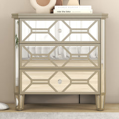 Elegant Mirrored 3-Drawer Chest with Golden Lines Storage Cabinet