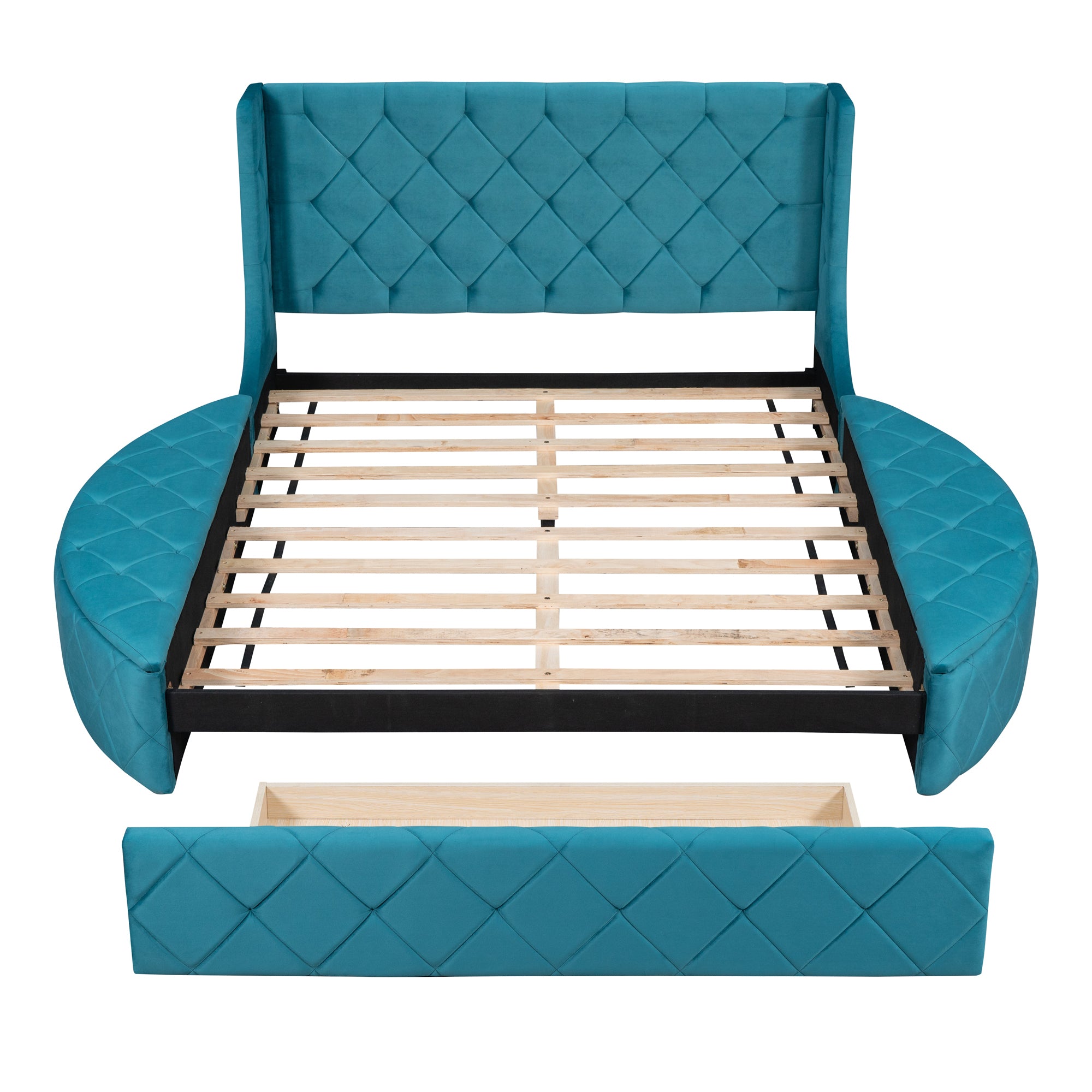 Queen Size Bed Storage with Wingback Headboard and 1 Big Drawer 2 Side Storage Stool - Velvet Blue