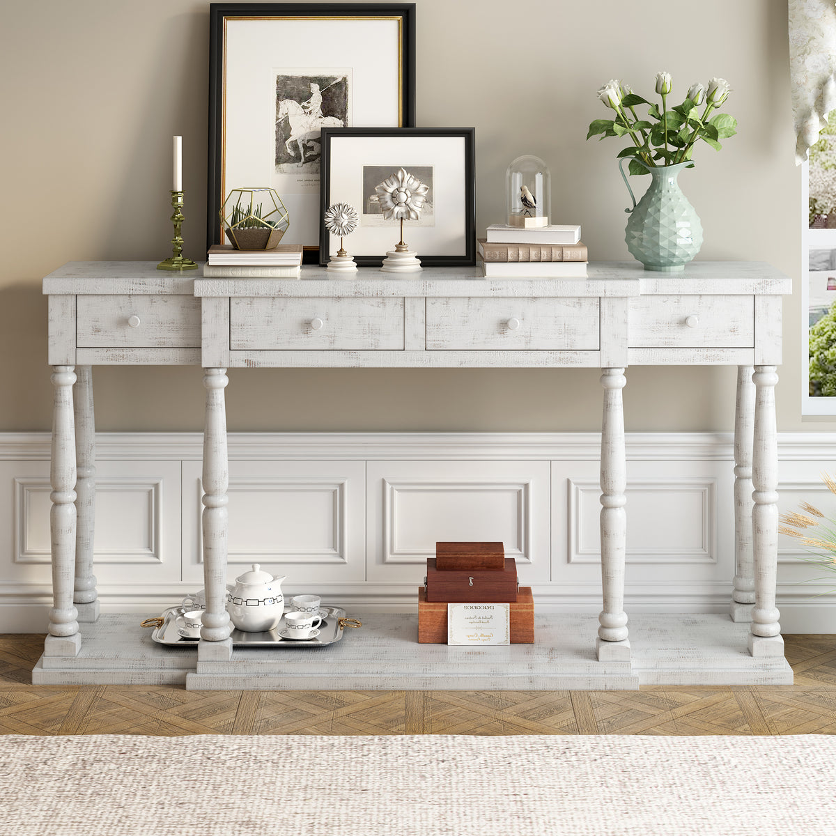 Retro Console Table for Hallway with 4 Front Facing Storage Drawers and 1 Shelf - Antique White
