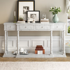 Retro Console Table for Hallway with 4 Front Facing Storage Drawers and 1 Shelf - Antique White