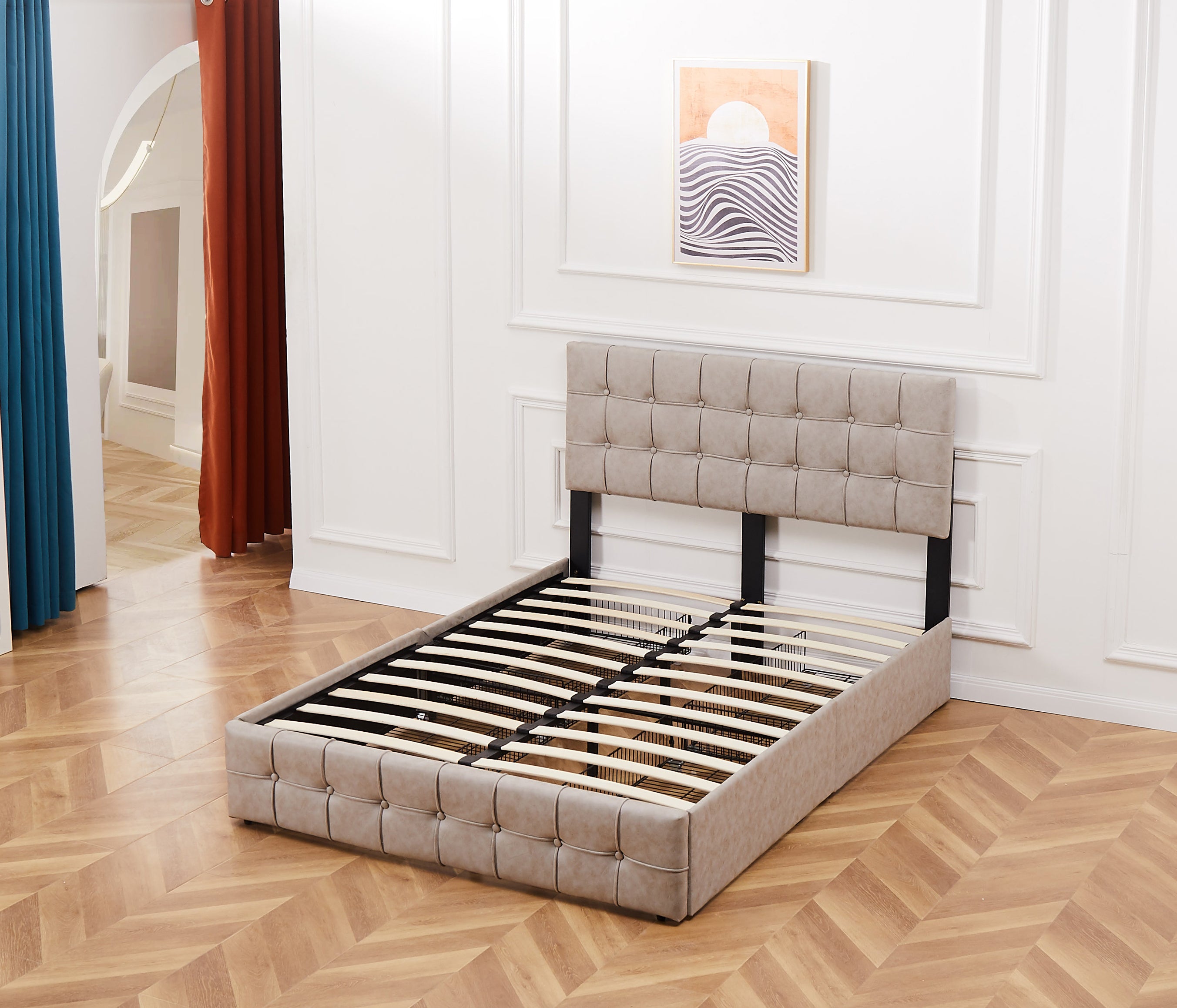 Queen Size Adjustable Headboard Height Storage Bed with 4 Drawers - Brow
