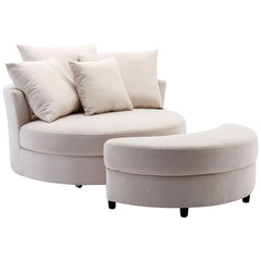 Modern 360° Swivel Accent Barrel Chair with Storage Ottoman & 4 Pillows - Linen Creamy White
