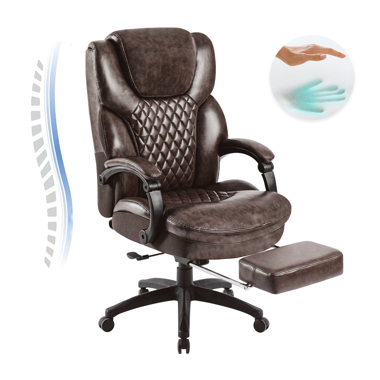 High Back Big & Tall 400lb Office Chair with Footrest Bonded Leather Ergonomic Executive Chair - Brown