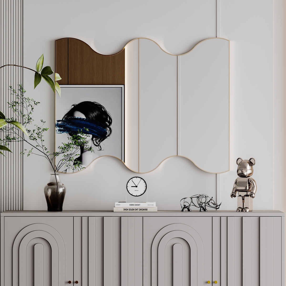 Wall Mirror 30x35 Inch Golden Rectangular Mirror with 2 Wavy Sides Metal Framed Mirror