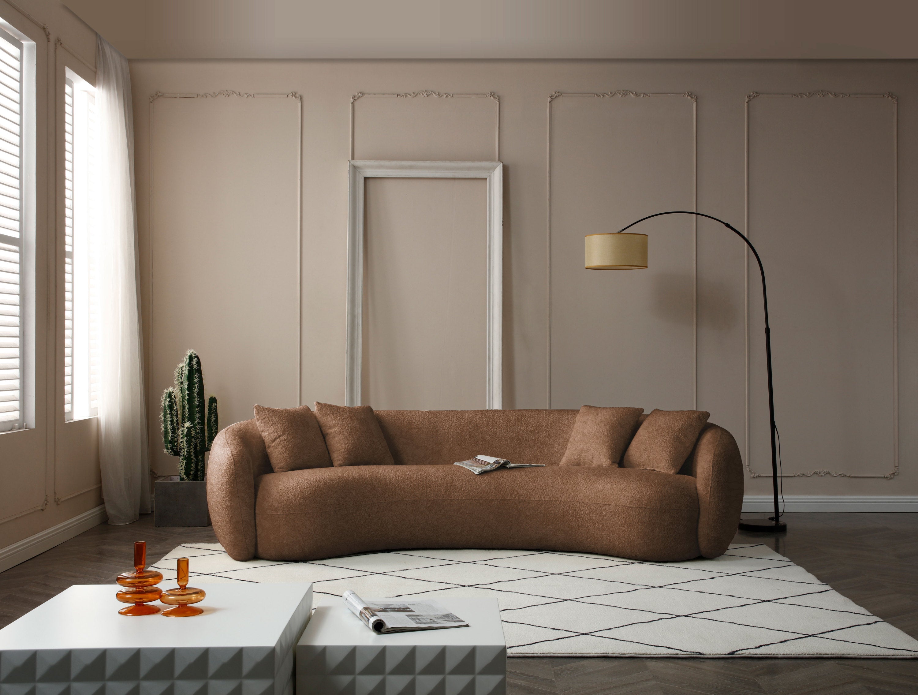 102'' 5-Seater Boucle Sofa Modern Sectional Half Moon Leisure Couch Curved Sofa - Teddy Fleece Brown