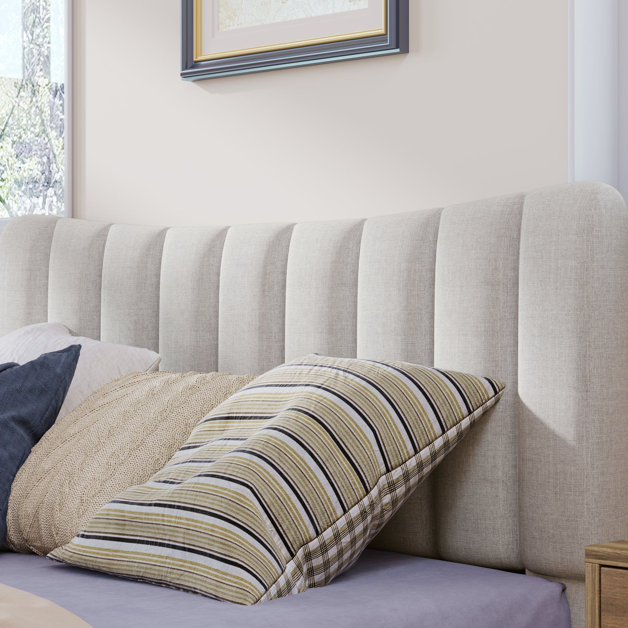 Full Bed - Upholstered Platform Bed Frame with Vertical Channel Tufted Headboard, No Box Spring Needed - Cream