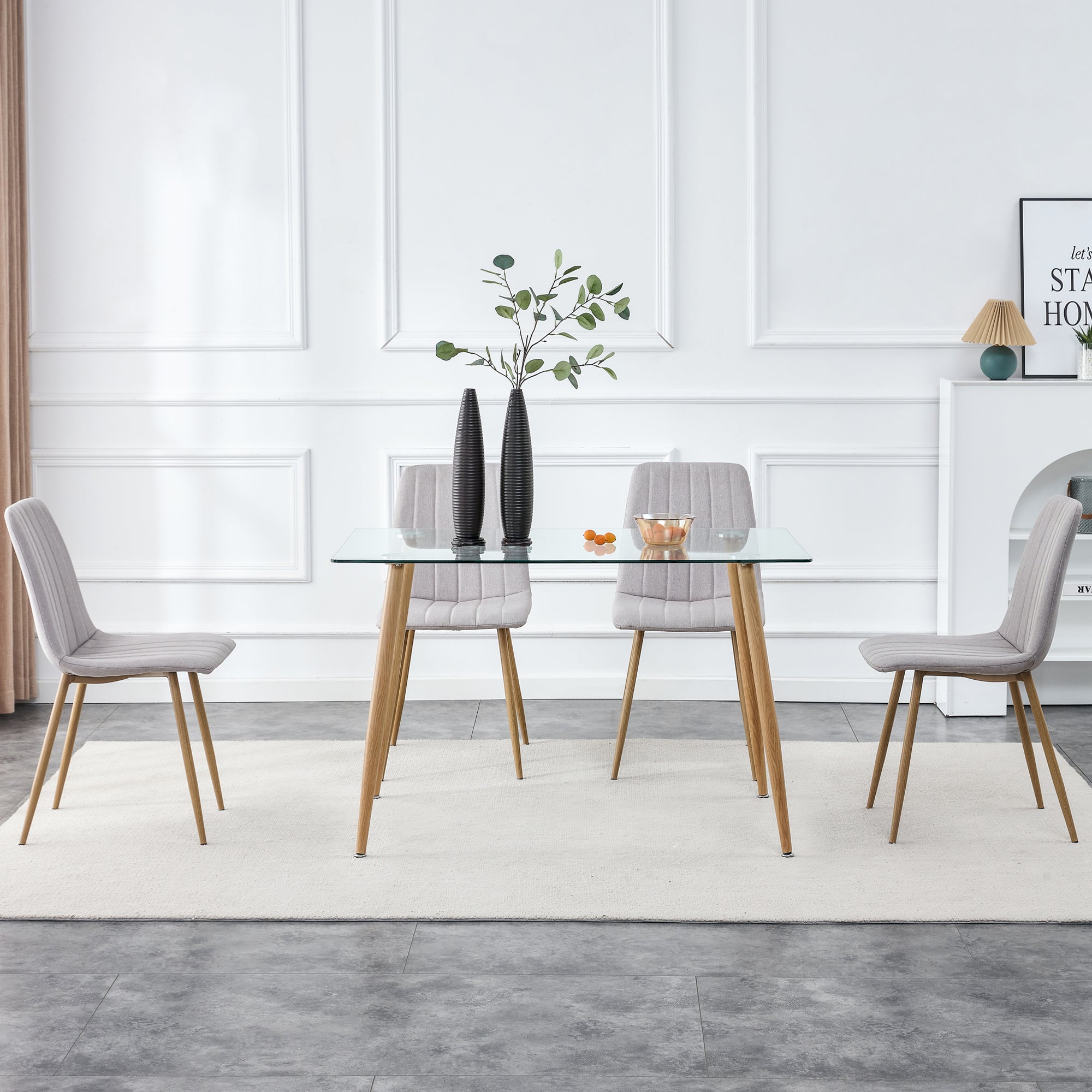 Modern Minimalist Rectangular Glass Dining Table for 4-6 with 0.31" Tempered Glass Tabletop and Wood color Coating Metal Legs - Transparent