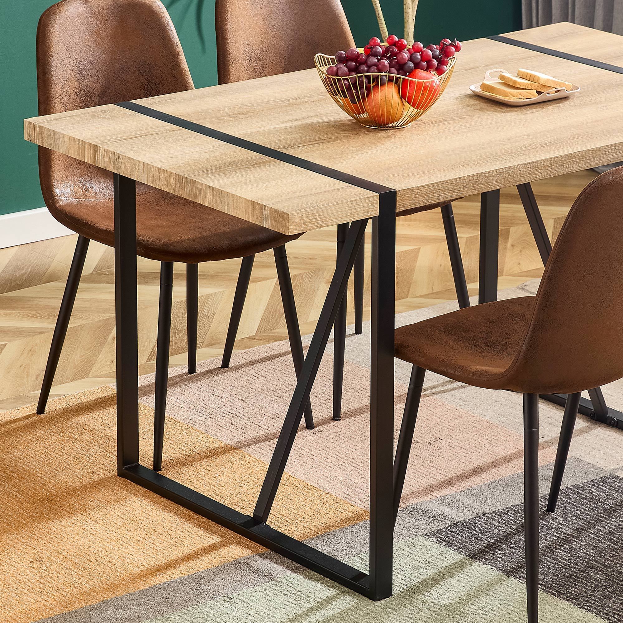 Rustic Industrial Rectangular Wood Dining Table For 4-6 Person, With 1.5" Thick Engineered Wood Tabletop and Black Metal Legs - Rustic Brown