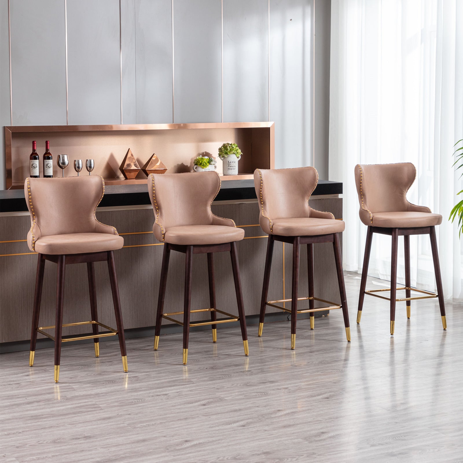 Modern Leathaire Fabric bar chairs, Tufted Gold Nailhead Trim Gold Decoration Bar stools (Set of 2) - Khaki