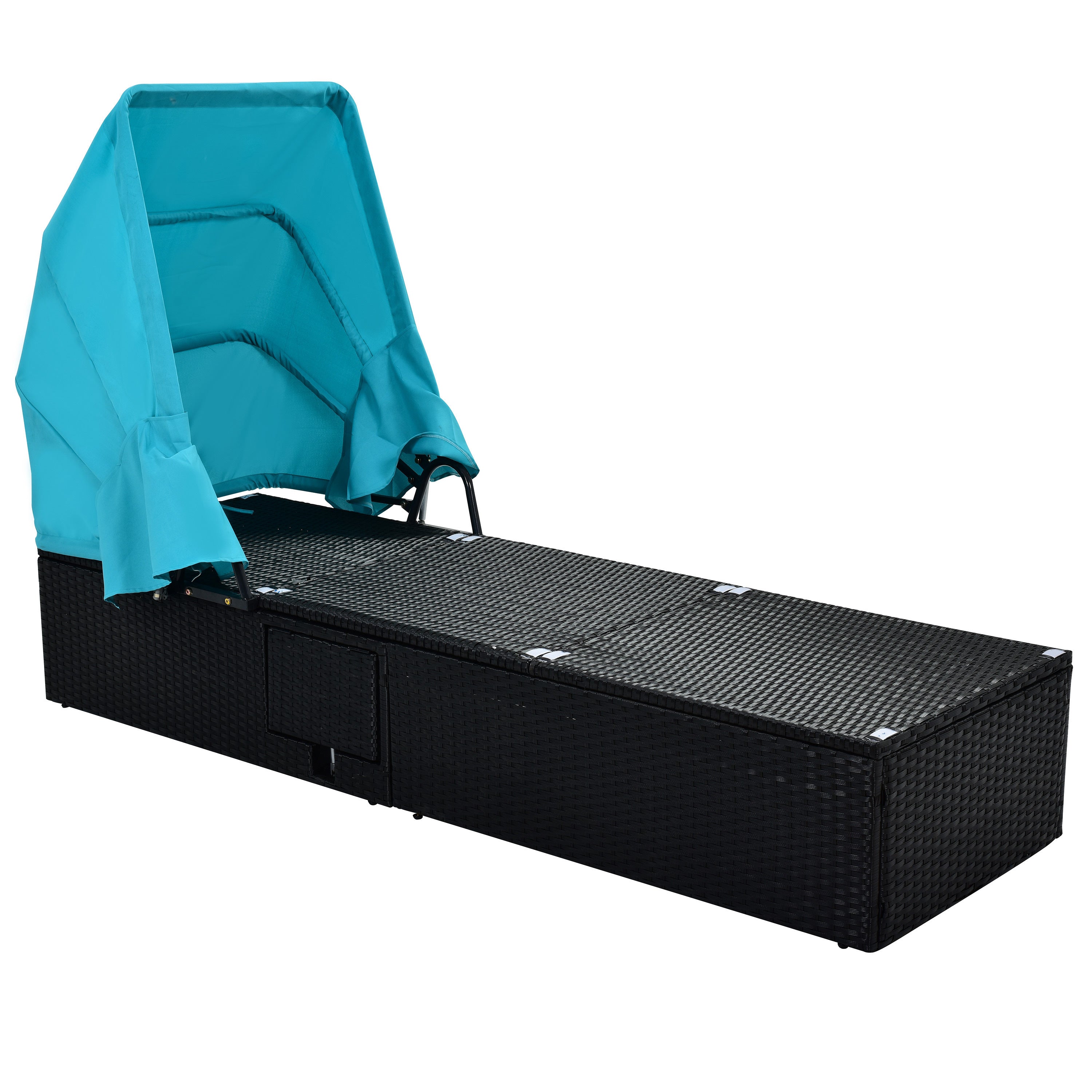 76.8" Long Reclining Single Chaise Lounge with Cushions, Canopy and Cup Table (Set of 2) - Black Wicker + Blue Cushion