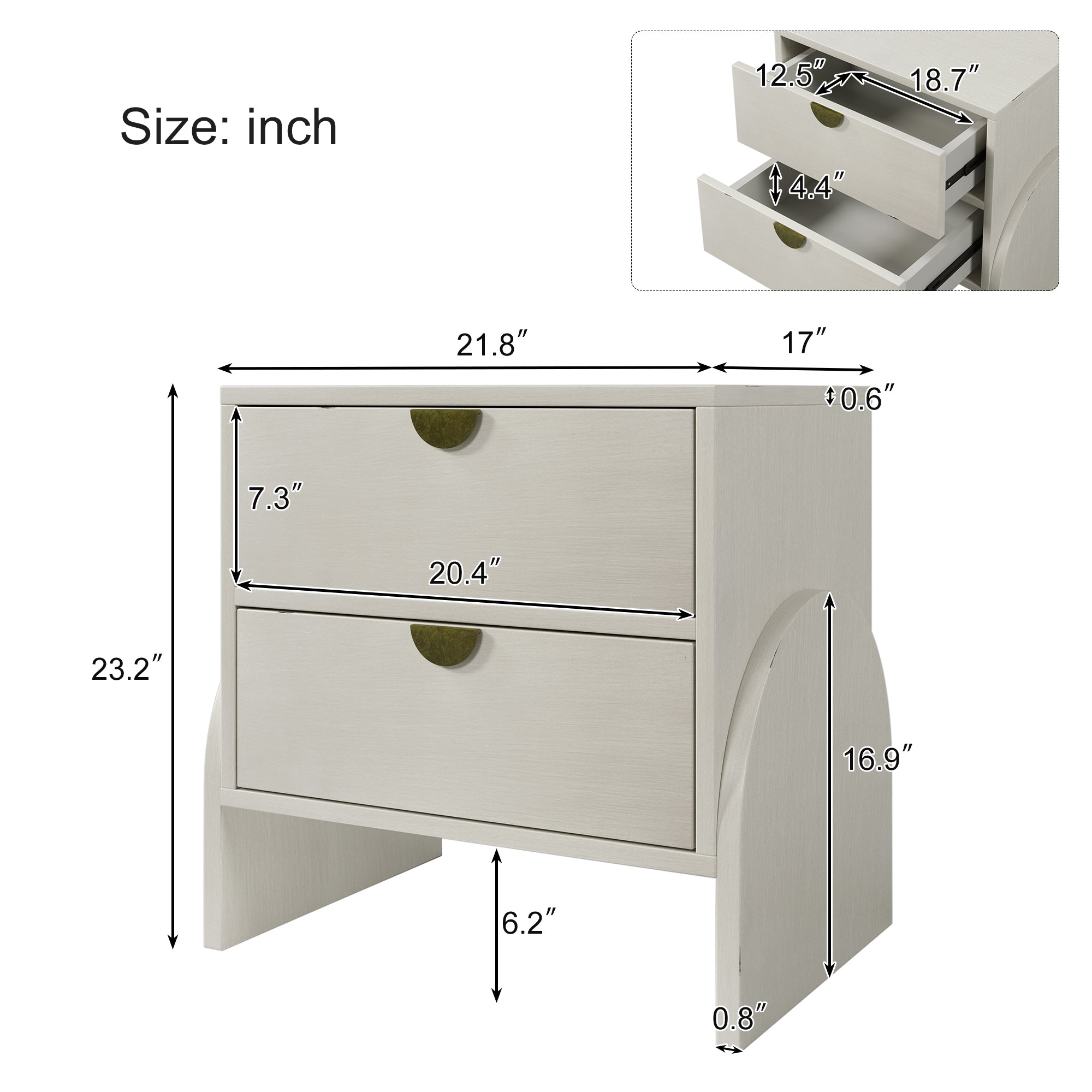 Retro Style Rubber Wood Venner Two-Drawer Bed Side Table Nightstand End Table - Antique White