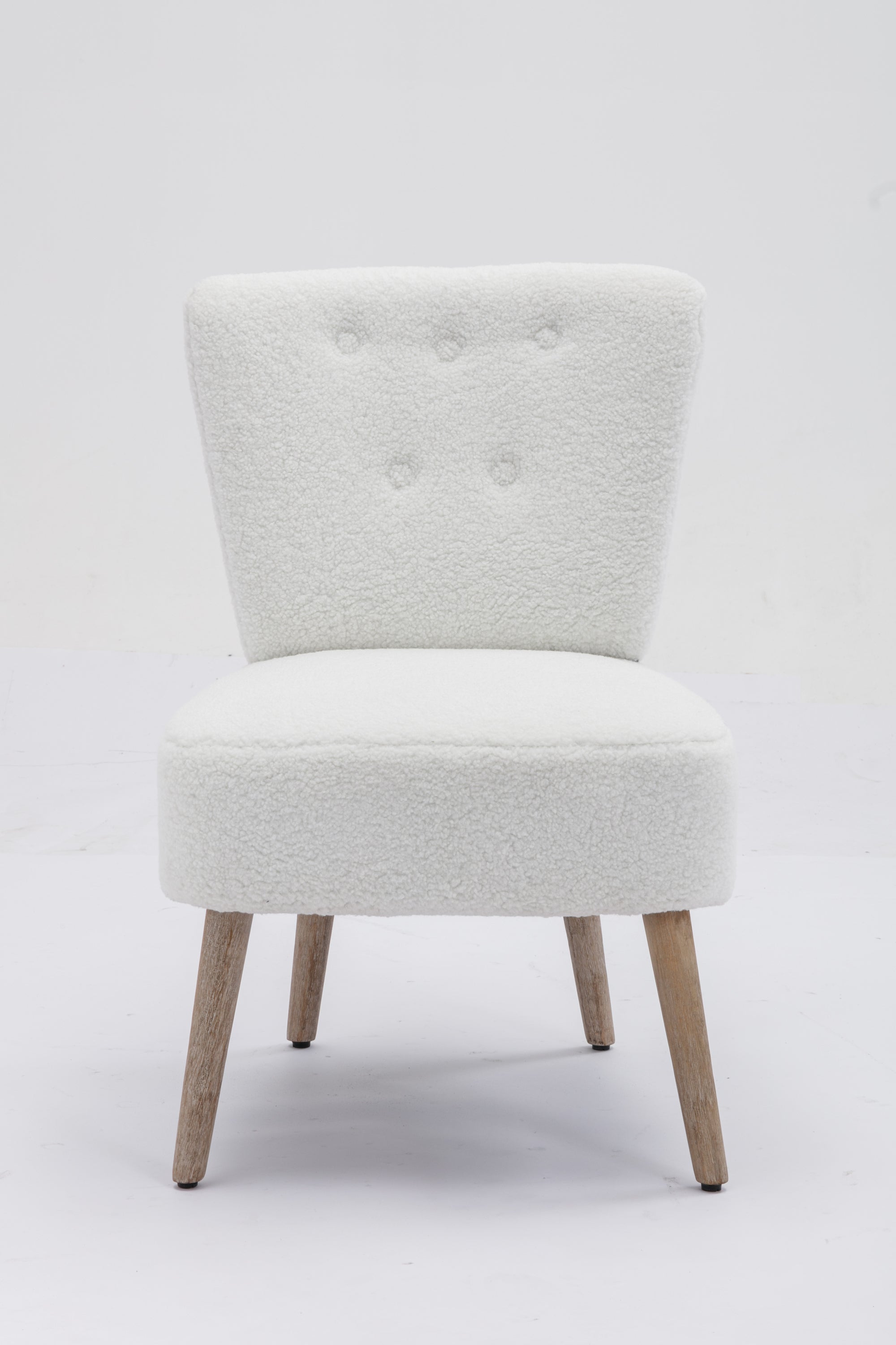 Teddy Fabric Button Accent Slipper Chair With Wooden Legs - White