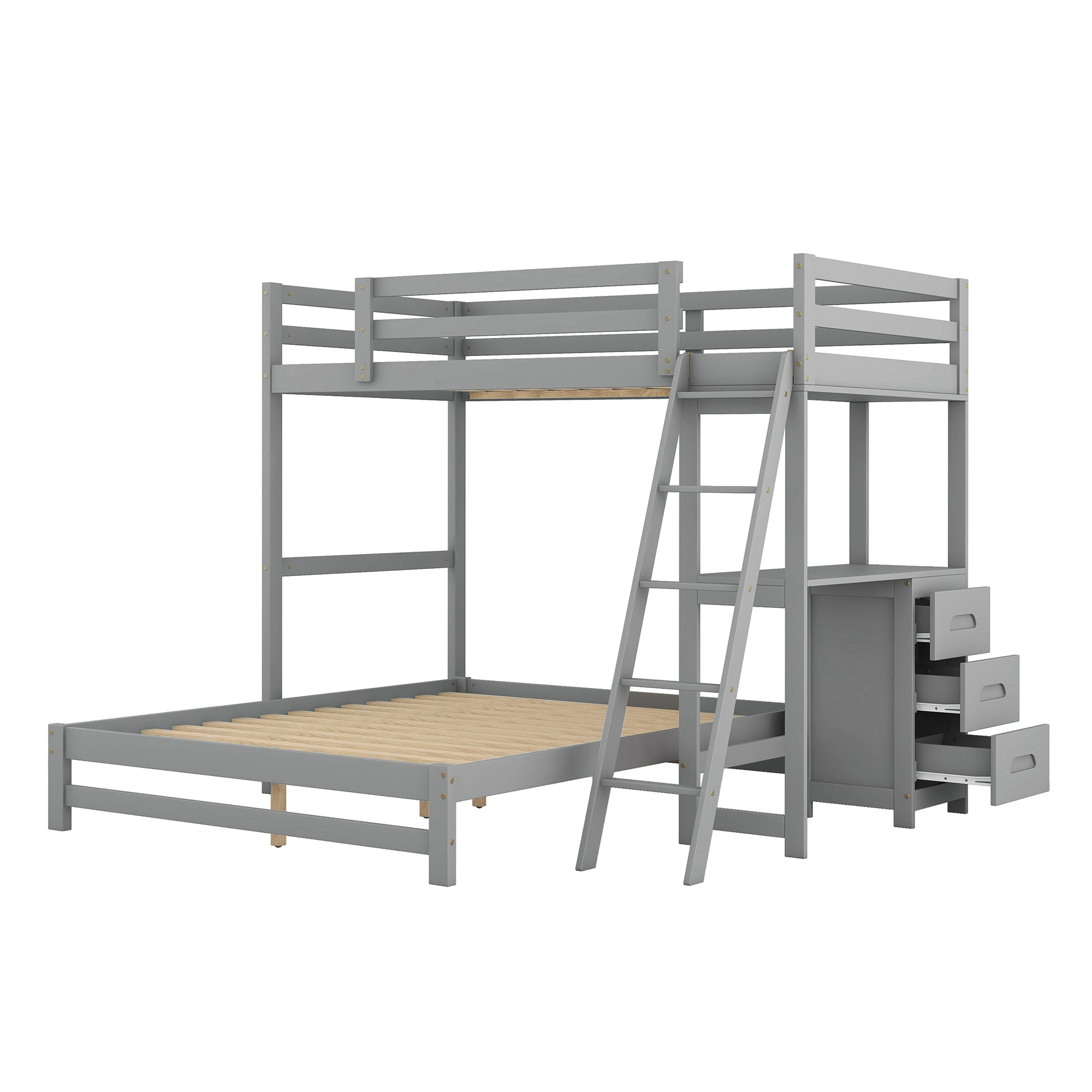 Twin over Full Bunk Bed with Built-in Desk and Three Drawers - Grey