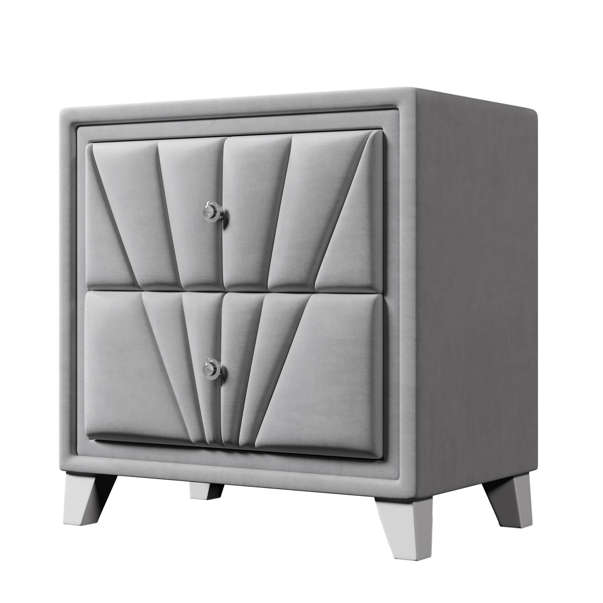 Contemporary Velvet Upholstered Glass Top Nightstand End table with 2 Drawers - Gray