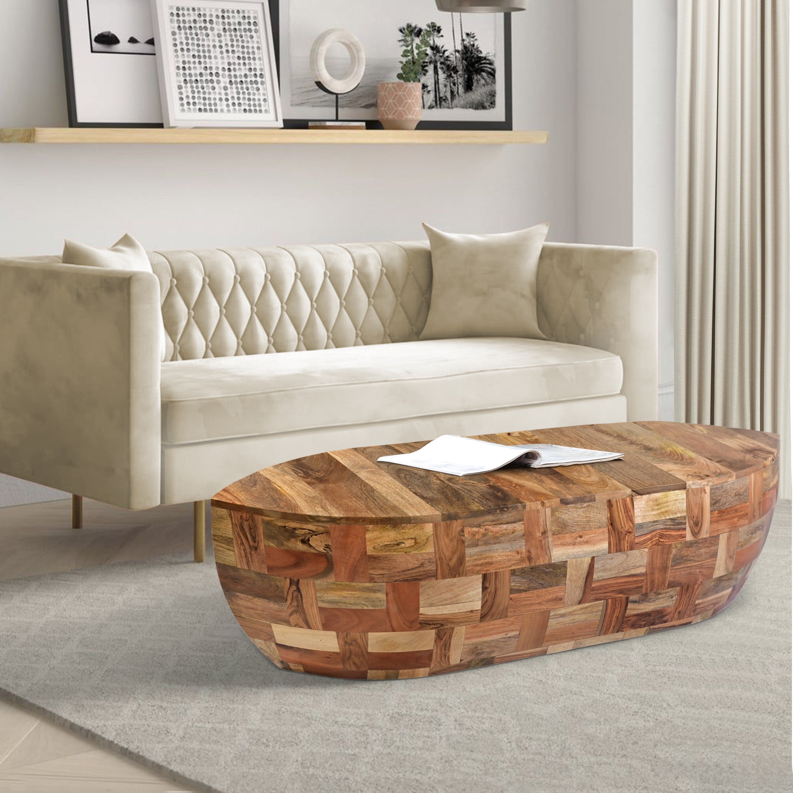 42 Inch Mango Wood Oval Canoe Shape Coffee Table - Weathered Brown