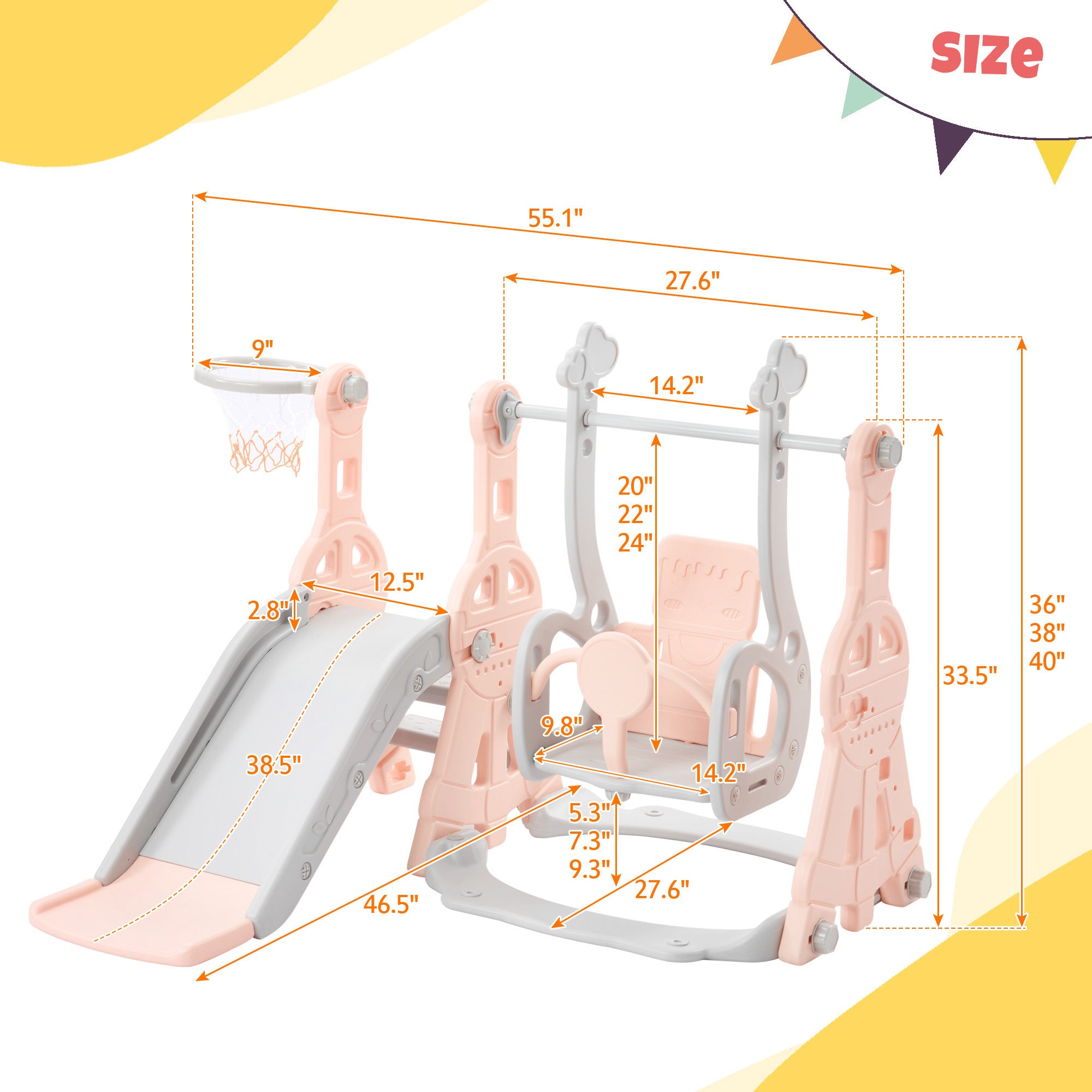 Toddler Slide and Swing Set 3 in 1, Kids Playground Climber Swing Play set with Basketball Hoops Freestanding Combination Indoor & Outdoor