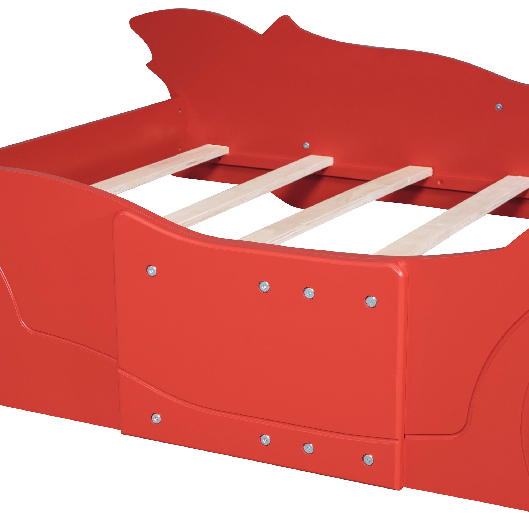 Full Size Race Car-Shaped Platform Bed with Wheels - Red