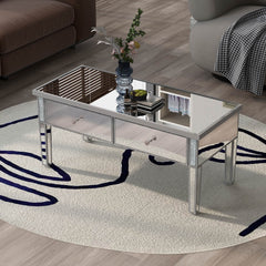 Modern Glass Mirrored Coffee Table with 2 Drawers, Cocktail Table with Crystal Handles and Adjustable Height Legs - Silver