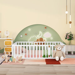Queen Size Wood Floor Bed Frame with Fence and Door - White