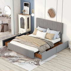 Queen Size Upholstery Platform Bed with Four Drawers on Two Sides,Adjustable Headboard - Grey