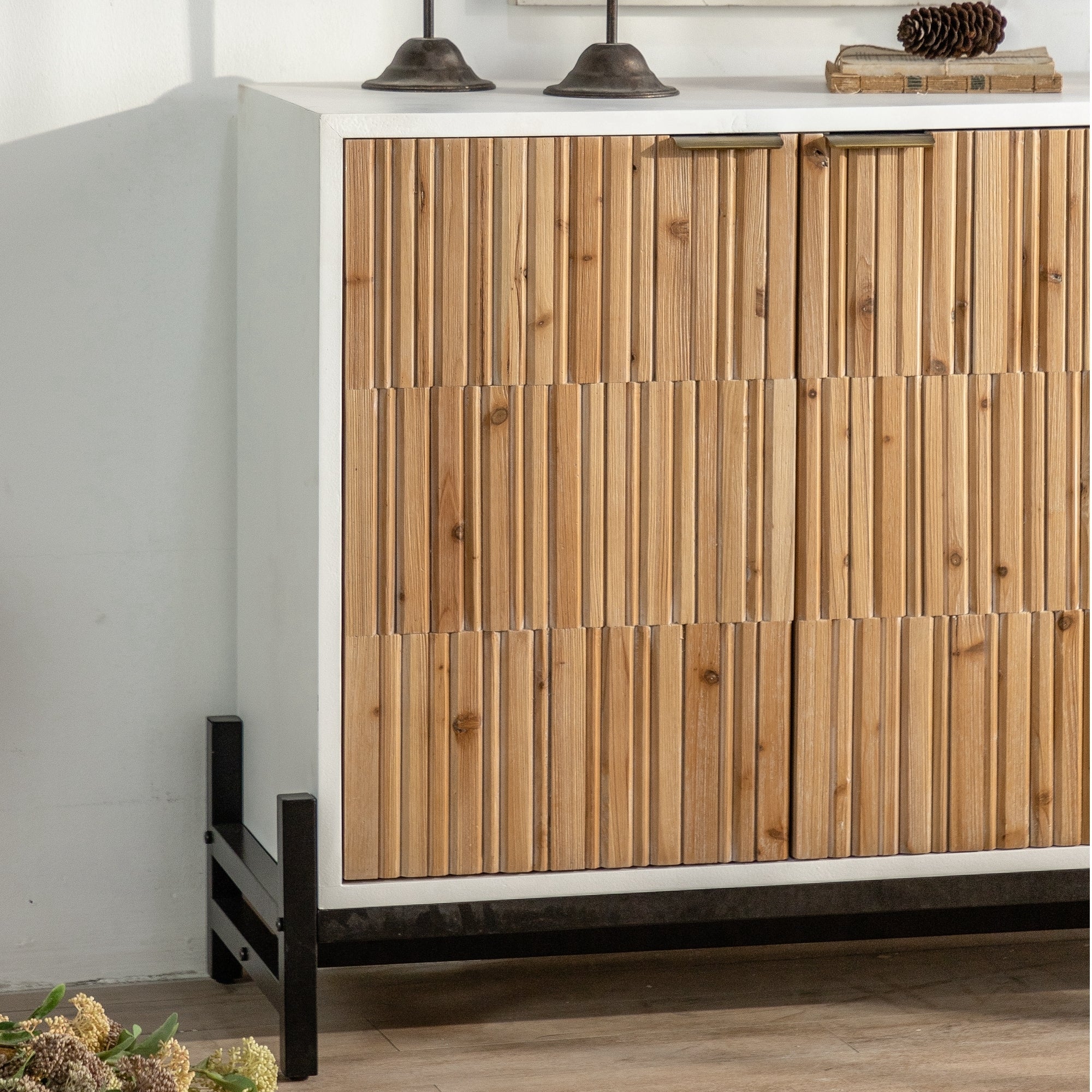 Retro Fashion Style 3-Door Storage Cabinet with Vertical Grain Embossed Design and Double Layer Storage Space - White + Oak