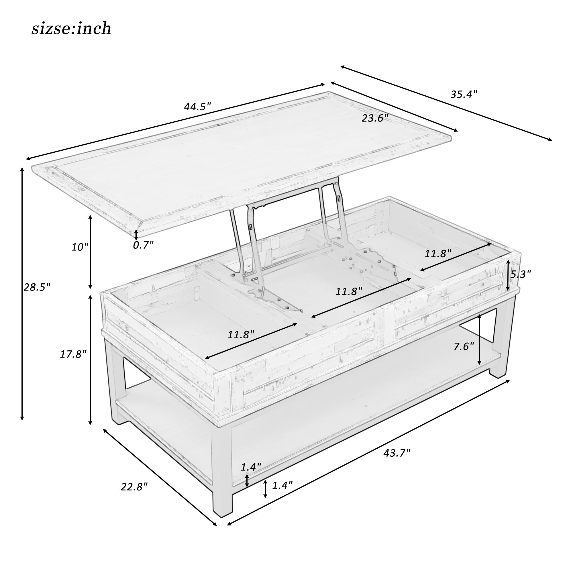 Lift Top Coffee Table with Inner Storage Space and Shelf - Brown Pine
