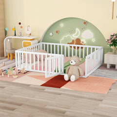 Queen Size Wood Floor Bed Frame with Fence and Door - White