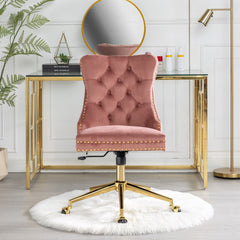 Velvet Upholstered Tufted Button Home Office Chair with Golden Metal Base, Adjustable Desk Chair Swivel Office Chair - Pink