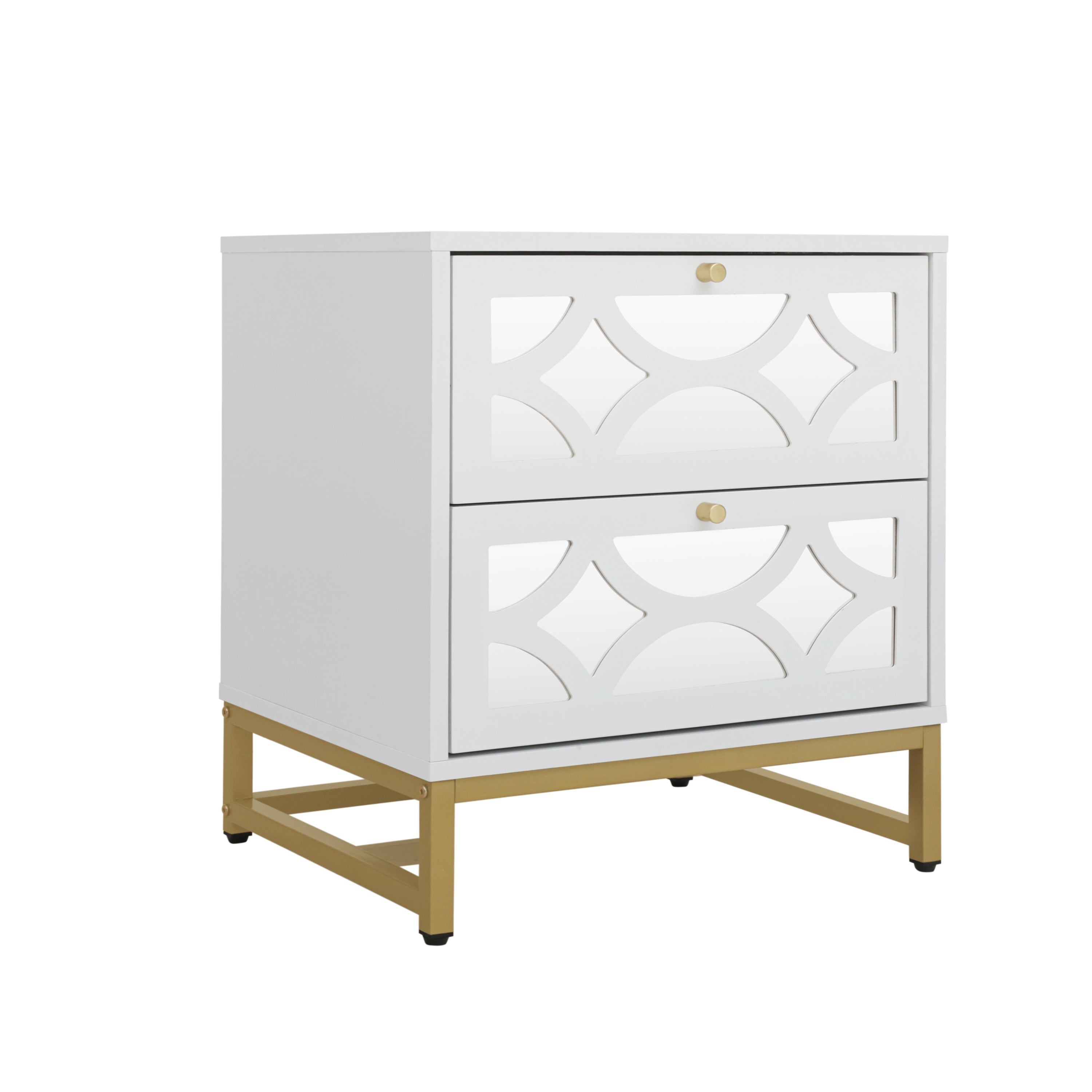 Small Bedside Table with 2 Drawers, White Mirrored Nightstand, with Gold Legs