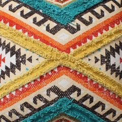 Square Cotton Accent Throw Pillow, Aztec Tribal Inspired Pattern, Trimmed Fringes 18x18" - Multicolor