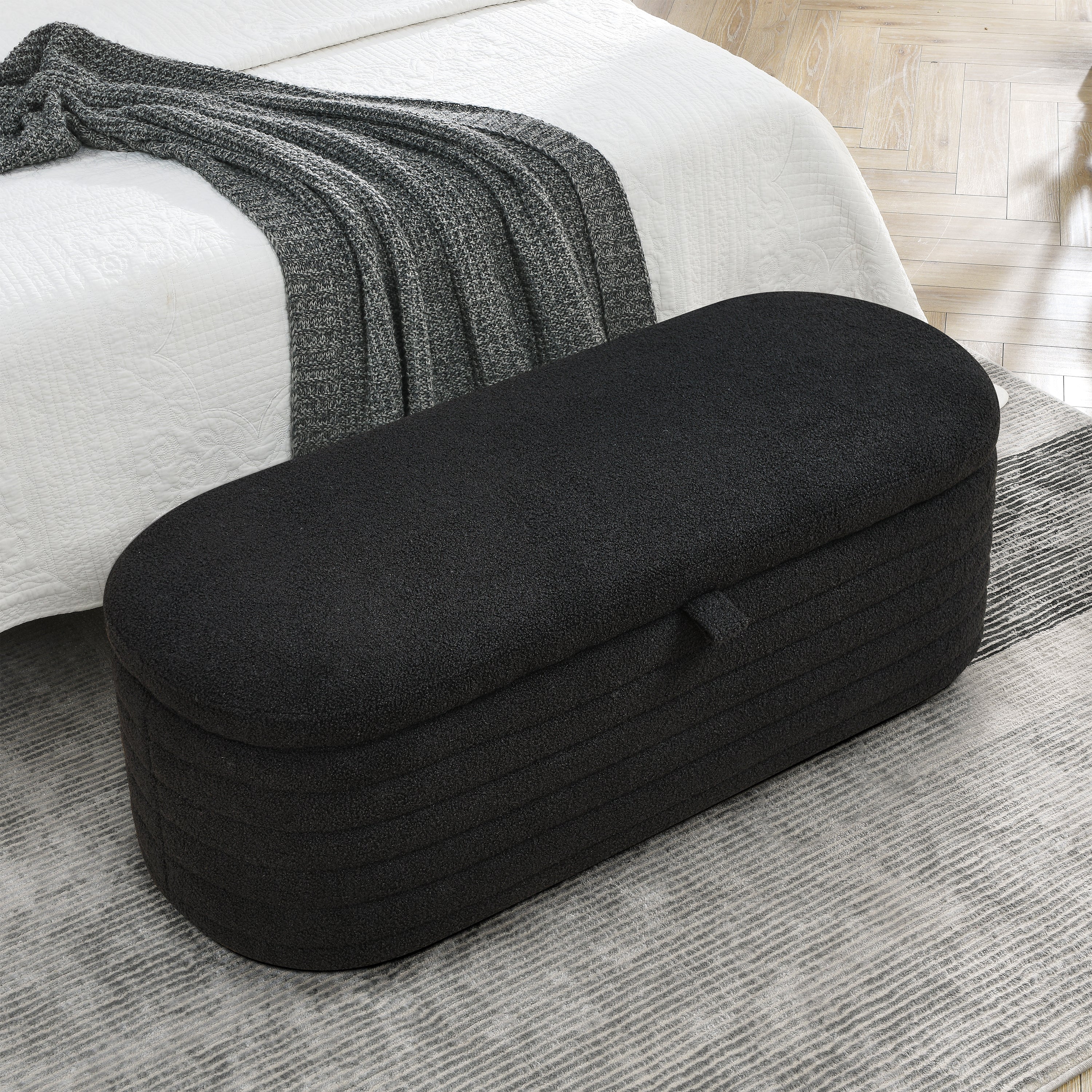 Storage Ottoman Bench Upholstered Fabric Storage - Black teddy