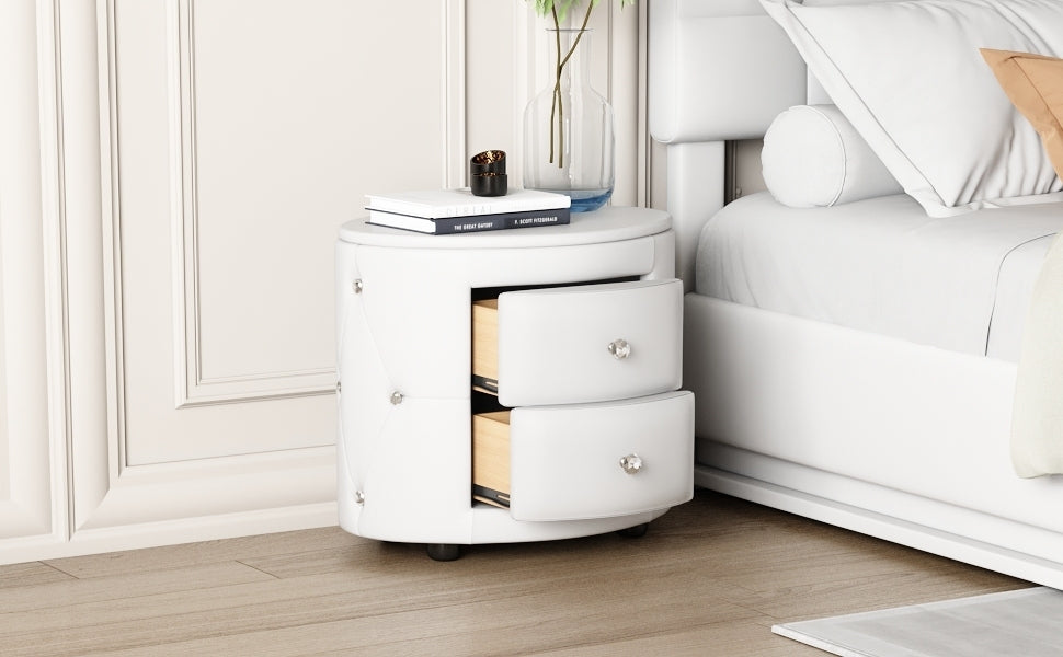 Elegant PU Nightstand with 2 Drawers and Crystal Handle, Fully Assembled Except Legs & Handles, Storage Bedside Table - White
